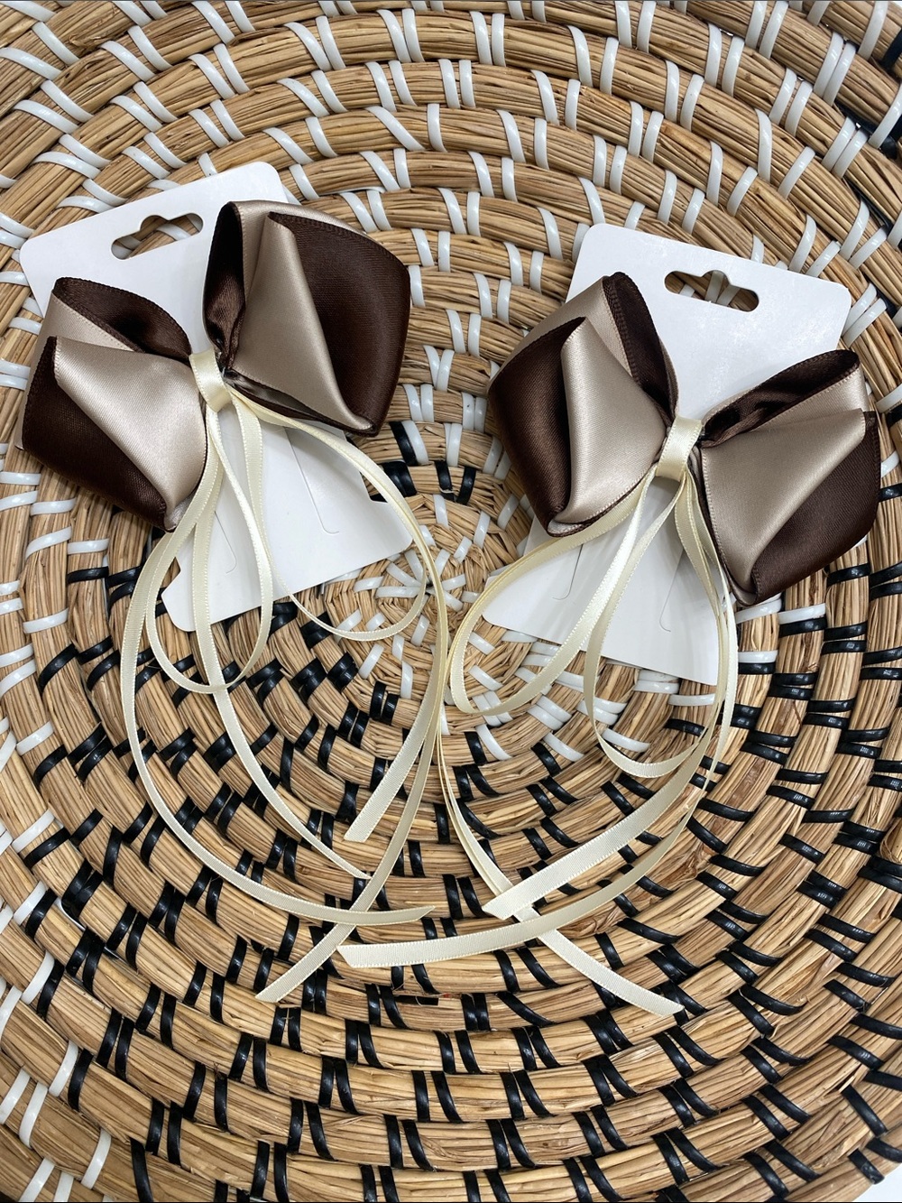 Elegant Brown and Ivory Satin Bow Hair Clips — Hand Crafted